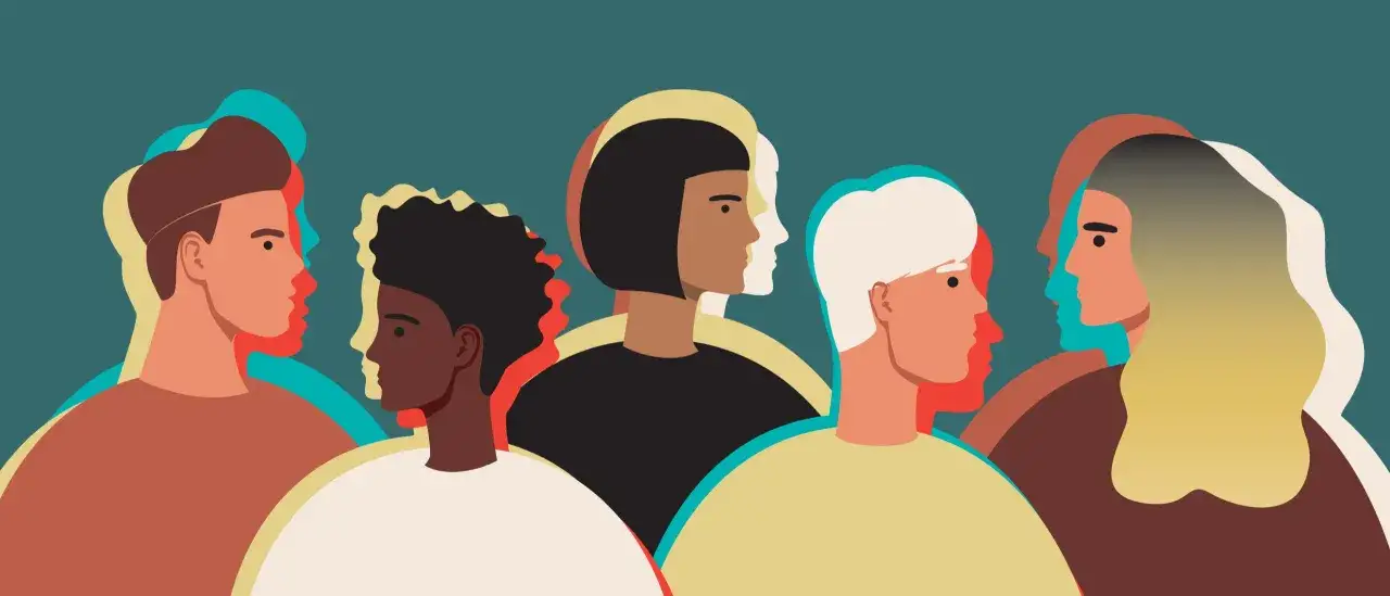 Persone con profili sovrapposti, colori vivaci. Un'illustrazione che evoca la sensazione di depersonalizzazione, sintomi di distacco dalla realt&agrave;.