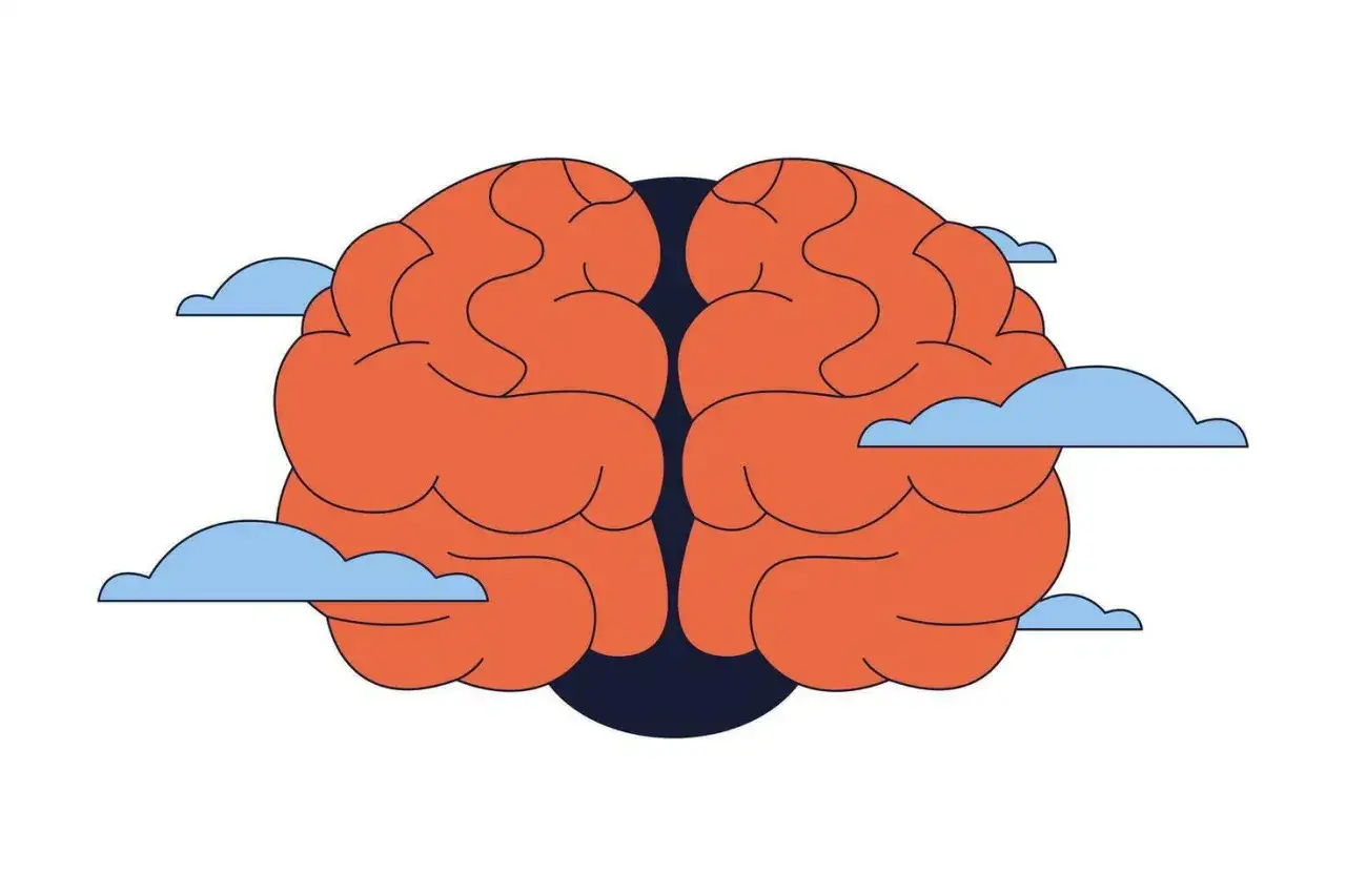 Cervello arancione stilizzato con nuvole azzurre, che evoca un senso di sluggish cognitive tempo e pensieri lenti.
