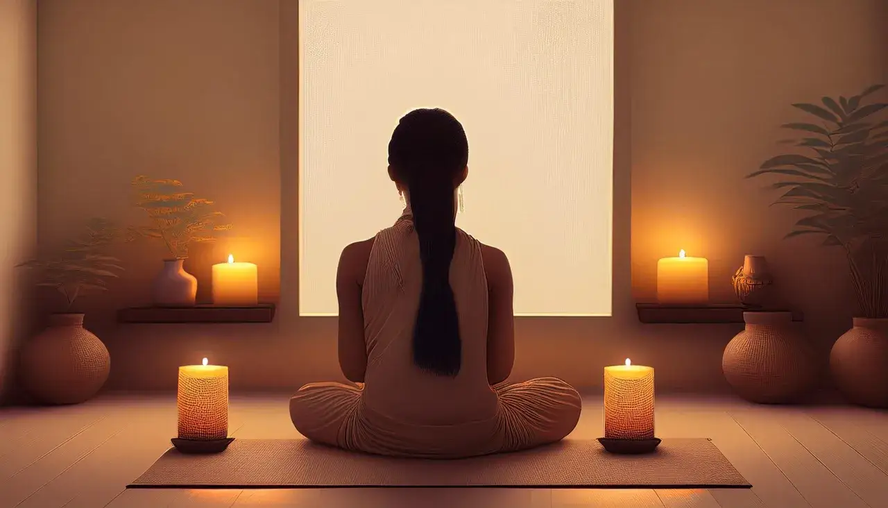 Donna in meditazione, circondata da candele accese. A volte, la ricerca della pace interiore pu&ograve; portare a effetti negativi inaspettati.