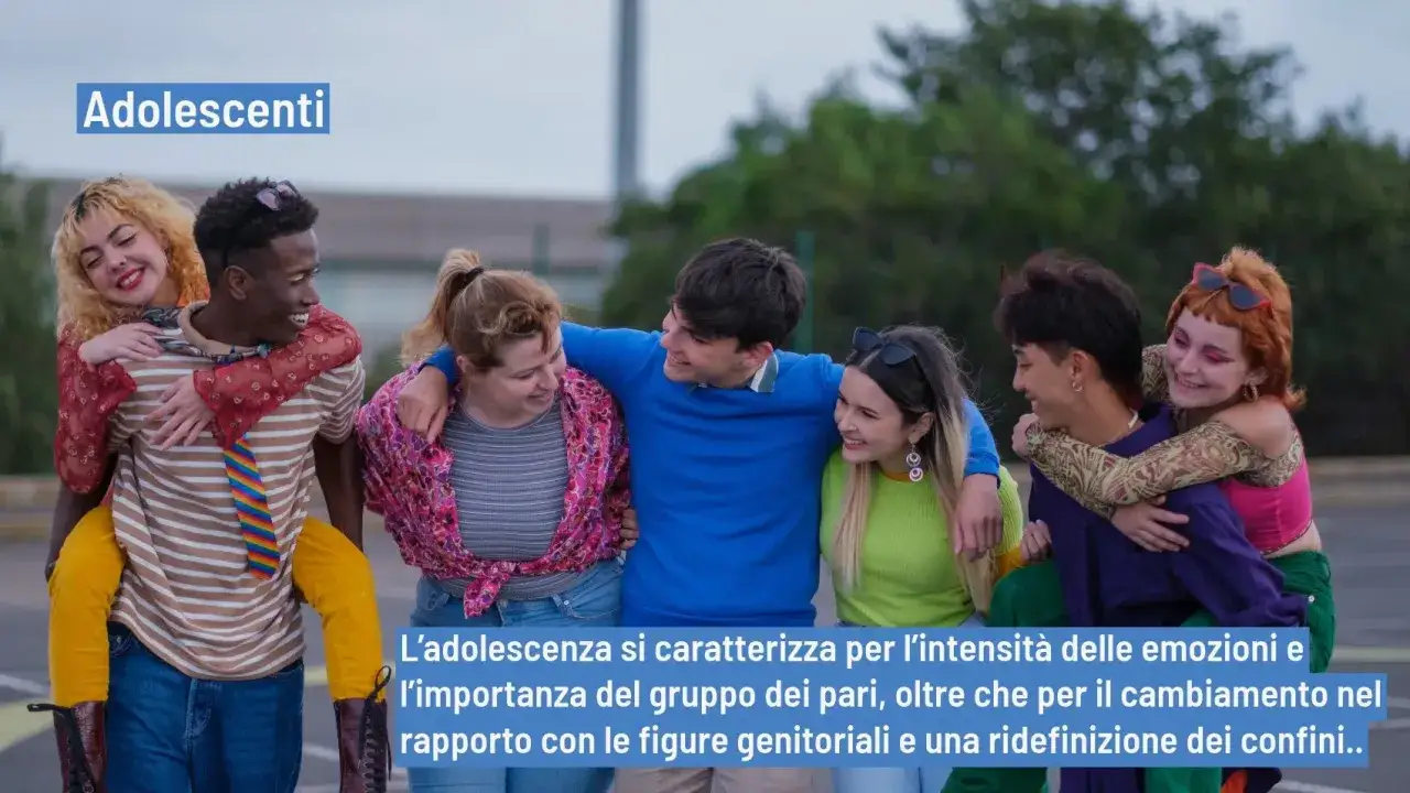 Un gruppo di adolescenti ride e si abbraccia, vivendo appieno la loro et&agrave;. L'adolescenza &egrave; un periodo di grandi emozioni e scoperte.