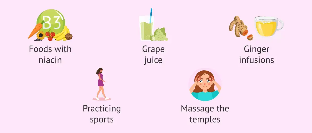 Rimedi per il mal di testa da ciclo: cibi con niacina, succo d'uva, zenzero, sport e massaggio alle tempie.