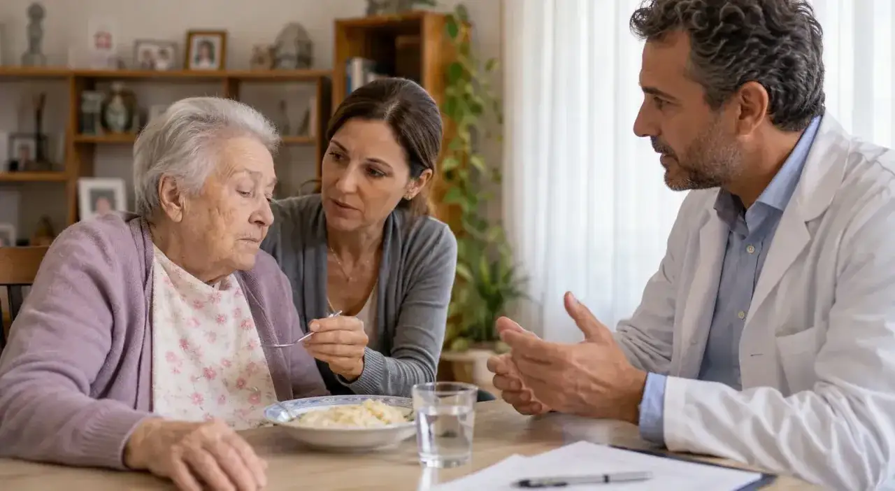 Medico parla con donna e anziana, discutendo sintomi demenza senile e possibili esiti, inclusa la morte.