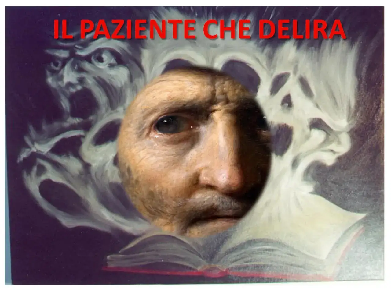 Il volto di un uomo anziano emerge da un libro aperto, circondato da figure spettrali che evocano il delirio significato.