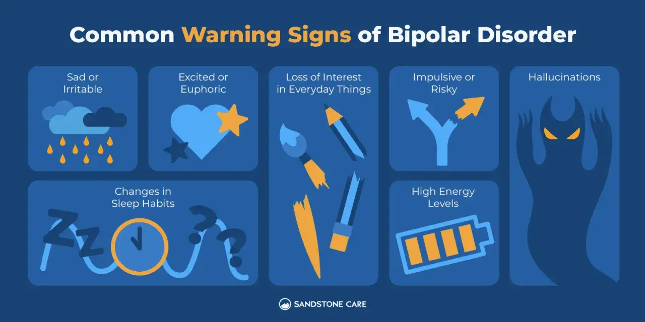 Segni comuni del disturbo bipolare: tristezza, euforia, perdita di interesse, impulsivit&agrave;, disturbi del sonno, alta energia e allucinazioni. Cosa fa arrabbiare un bipolare? Questi segnali indicano un cambiamento.