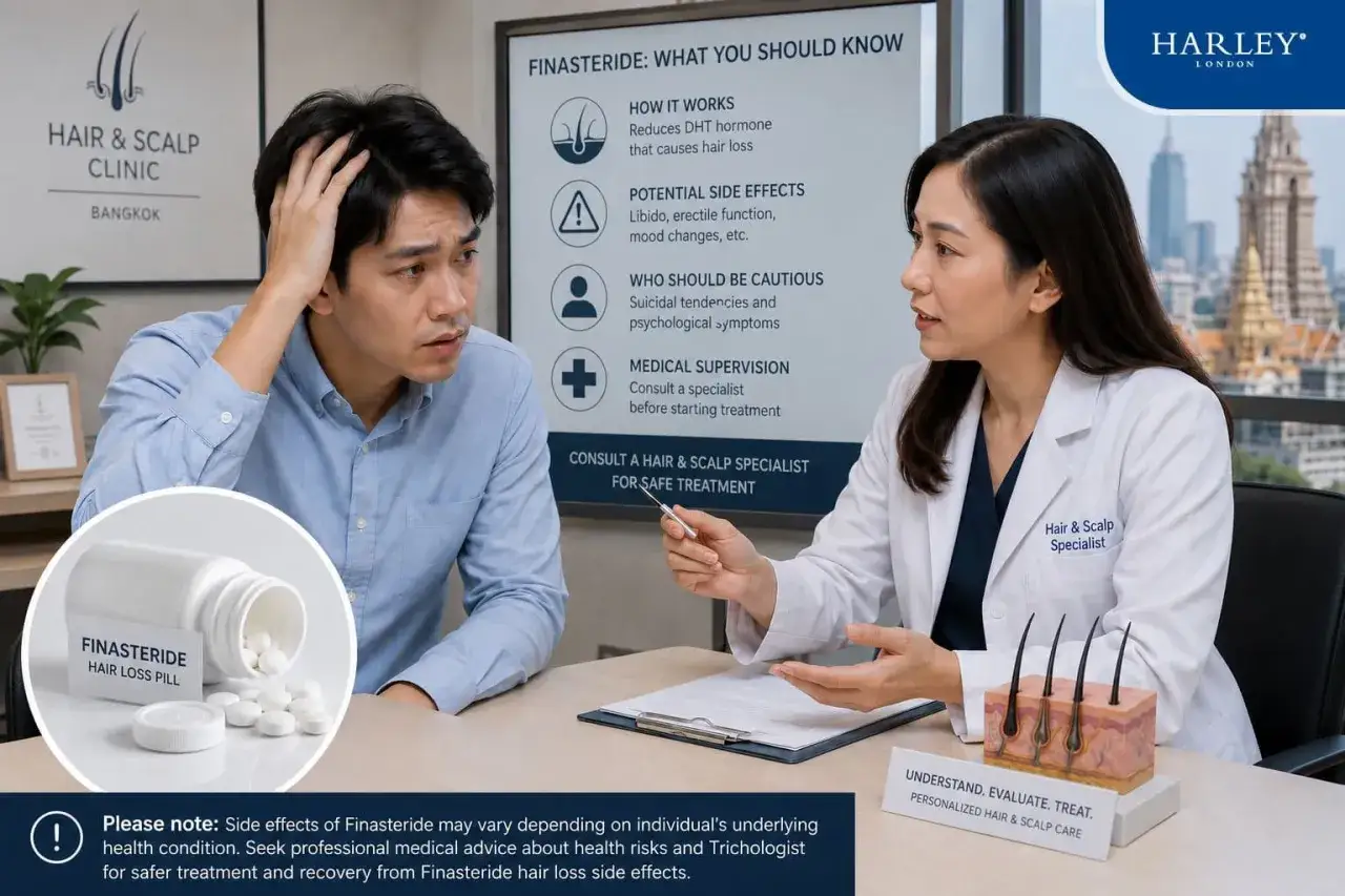 Medico spiega a paziente i potenziali effetti collaterali della finasteride, inclusi quelli sessuali e psicologici.