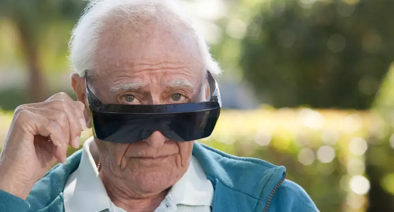 Anziano con occhiali scuri, forse in attesa di sapere quanto tempo aspettare per fare occhiali dopo intervento cataratta.