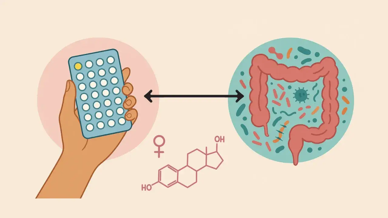 Una mano tiene una pillola, collegata a un intestino con batteri. Possibile impatto della pillola sulla diarrea.