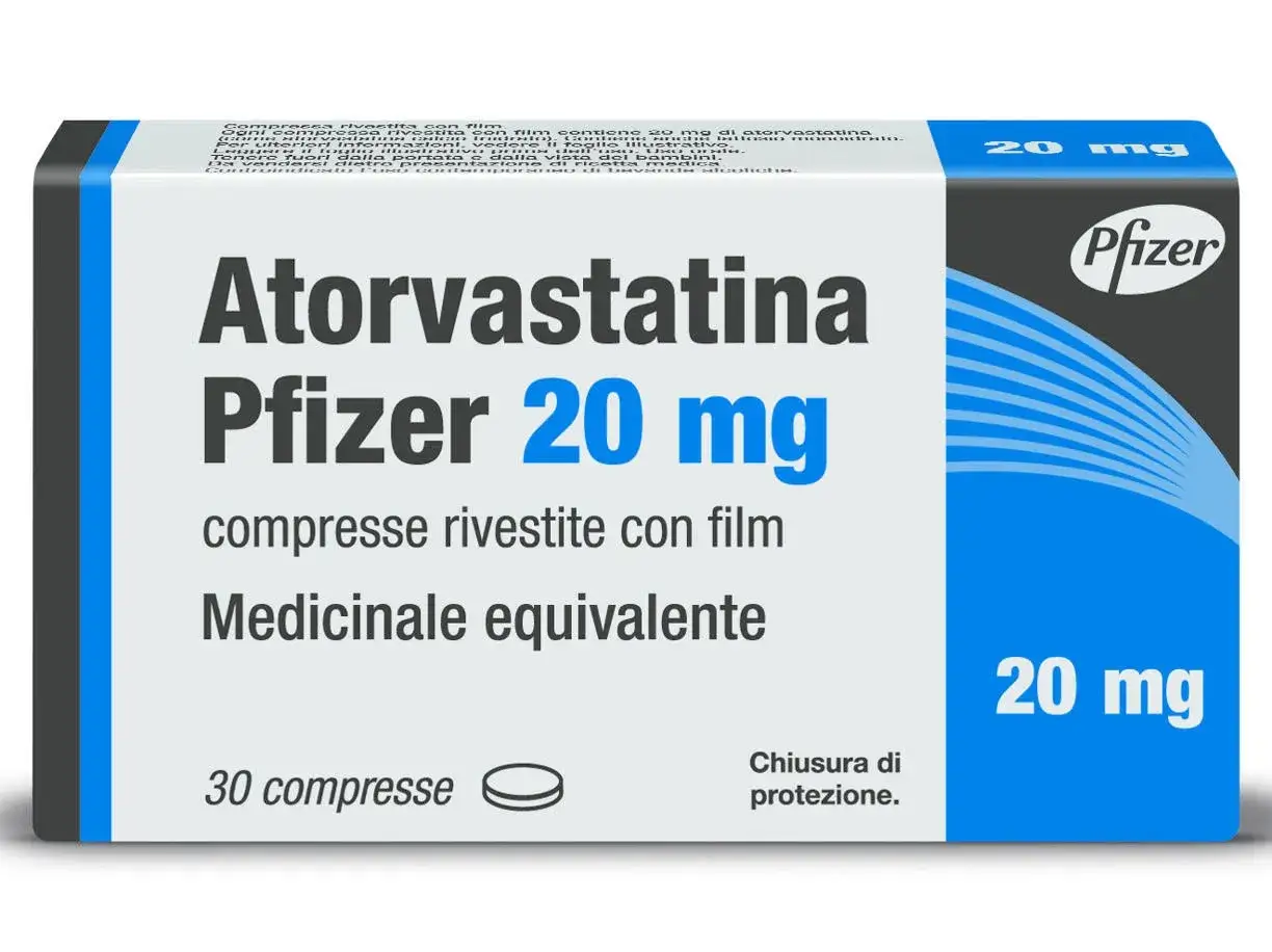 Confezione di Atorvastatina Pfizer 20 mg, medicinale equivalente per il controllo del colesterolo.