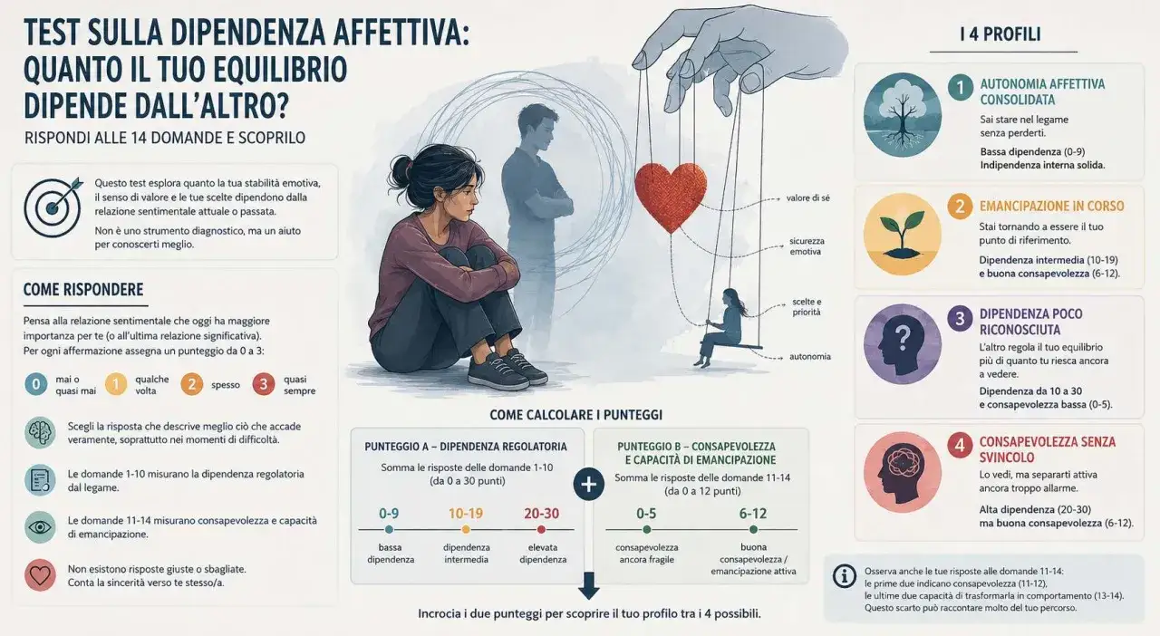 Test per capire come uscire dalla dipendenza affettiva. Illustra un percorso di crescita personale verso l'autonomia.