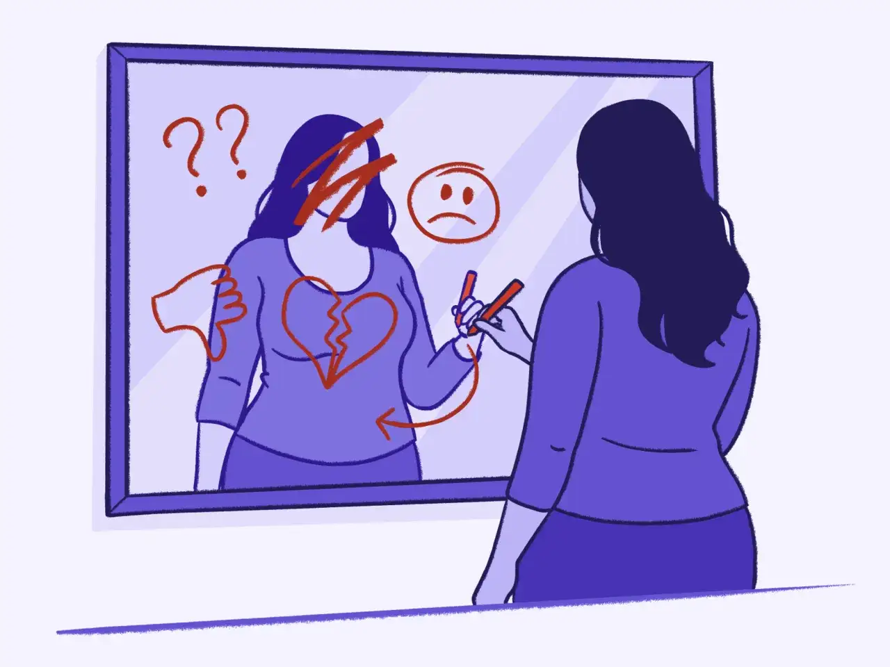 Una donna si disegna sul riflesso di un cuore spezzato e un volto triste, simbolo del suo senso di colpa.