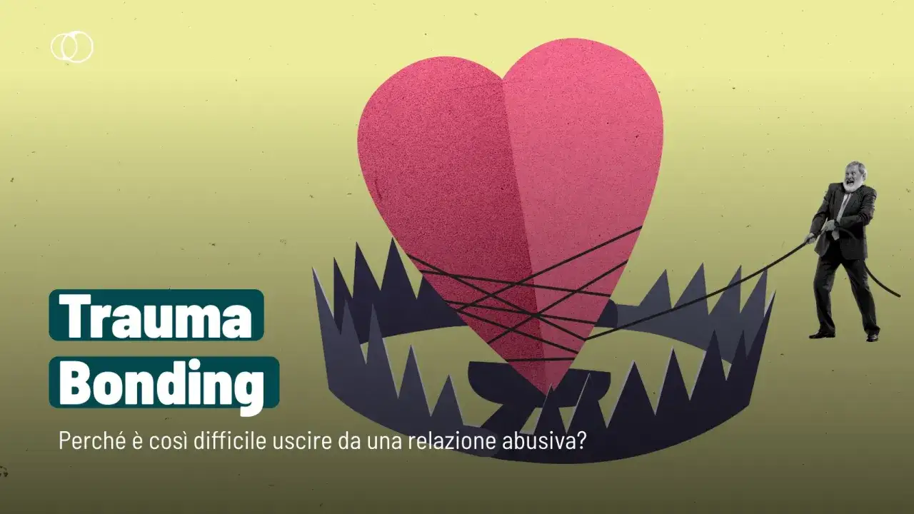 Un cuore intrappolato in una tagliola, legato da corde. Un uomo in giacca e cravatta tira una corda, simboleggiando la difficolt&agrave; di uscire da relazioni tossiche, un esempio di sindrome di Stoccolma cos'&egrave;.