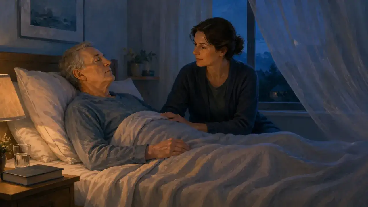 Una donna veglia su un uomo malato a letto, offrendo conforto e sostegno. Un esempio di come gestire lo stress con amore e cura.