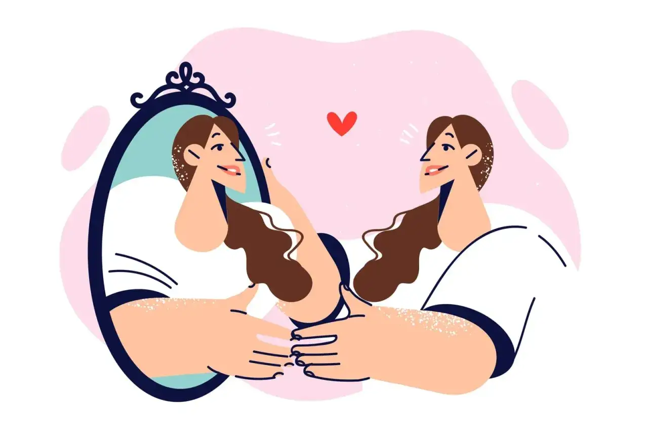 Una donna si guarda allo specchio, abbracciando il suo riflesso. Un'immagine che evoca il narcisista significato, un amore smisurato per s&eacute; stessi.
