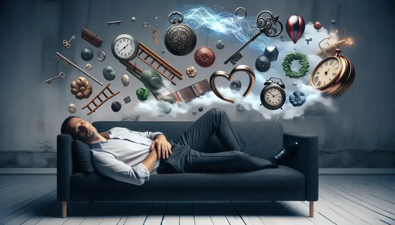 Un uomo dorme su un divano, mentre oggetti simbolici fluttuano in aria, evocando un'atmosfera da Sigmund Freud e l'esplorazione dell'inconscio.