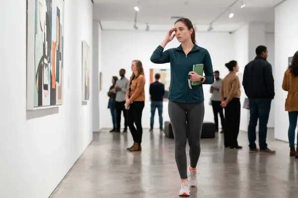 Donna in galleria d'arte, con un libro verde, ha un'espressione pensierosa, quasi un dejavu significato.