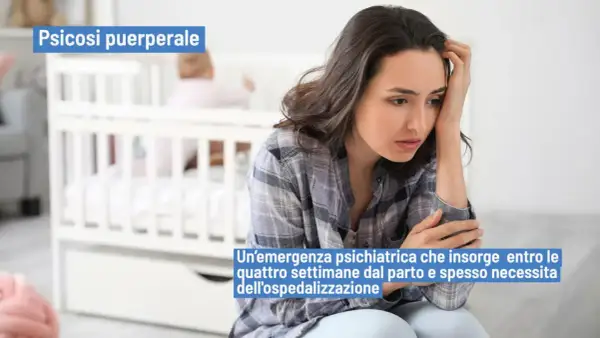 Donna con espressione angosciata vicino a una culla, simbolo di psicosi puerperale, un'emergenza psichiatrica post-parto.