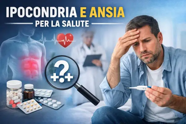 Uomo preoccupato con termometro, pillole e lente d'ingrandimento su corpo umano. Ipotetici ipocondria sintomi fisici.