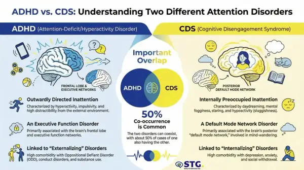 Confronto tra ADHD e CDS: l'immagine illustra le differenze e le sovrapposizioni, evidenziando l'inattenzione internamente preoccupata associata al **sluggish cognitive tempo**.
