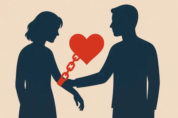 Silhouette di una donna e un uomo legati da una catena a un cuore rosso. Simboleggia la dipendenza affettiva, i cui sintomi possono includere questo legame soffocante.