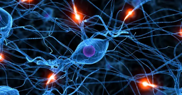 Neuroni blu interconnessi con impulsi luminosi, evocano la complessità del cervello e i **parkinson sintomi mentali**.