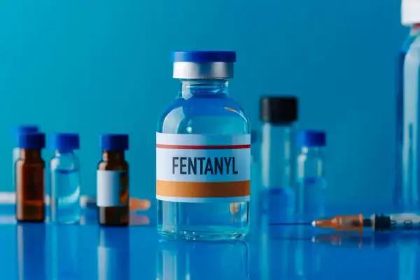 Fiale di fentanyl, con siringa e altre fiale sullo sfondo. Il fentanyl è un potente oppioide sintetico con gravi effetti.