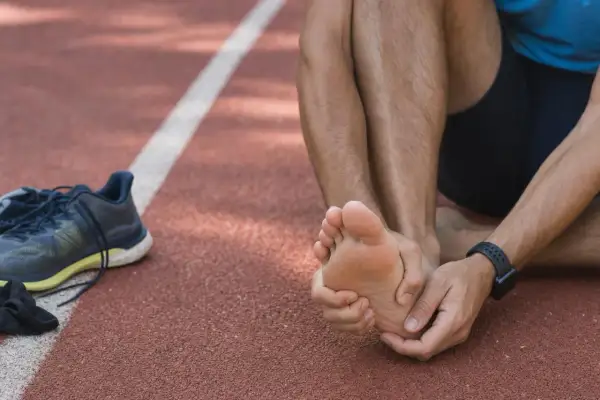 Atleta seduto su una pista, si tiene il piede destro, lamentando un forte bruciore ai piedi dopo la corsa. Scarpe da ginnastica a sinistra.