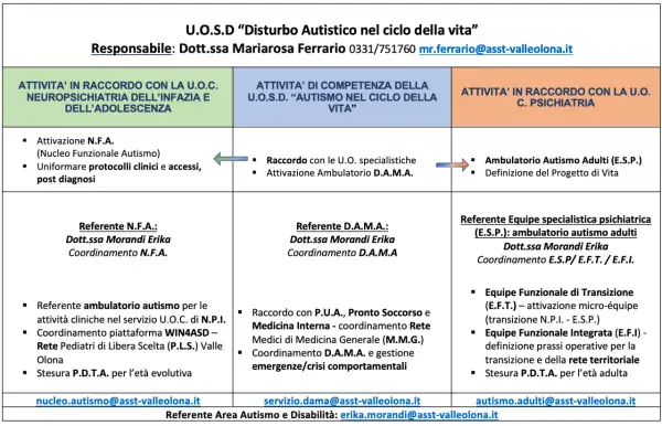 Schema dei diversi tipi di autismo e delle attività correlate, con riferimenti e contatti.