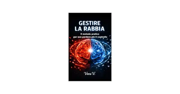 Copertina libro: "Gestire la rabbia: Il metodo pratico per non perdere più il controllo". Cervello diviso in due, rosso e blu, con scintille.