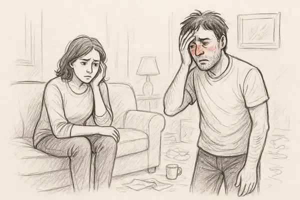 Una donna preoccupata osserva un uomo con il viso arrossato e la mano sulla fronte, simbolo della psicologia del cocainomane e del suo impatto.
