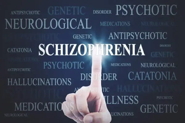 Dito, la schizofrenia è ereditaria, con parole chiave come "genetico", "neurologico" e "psicotico" che circondano il termine centrale.