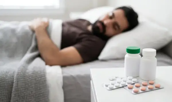 Uomo addormentato a letto, con blister di pillole e flaconi sul comodino. Cosa sono i barbiturici?
