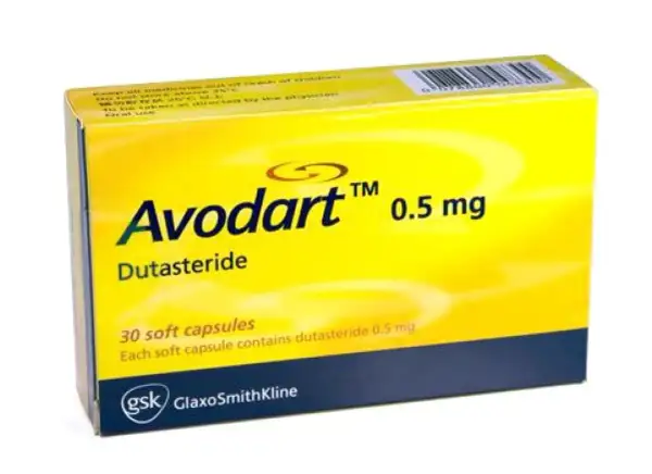 Scatola di Avodart 0.5 mg, contenente 30 capsule molli di dutasteride. Avodart a cosa serve? Per il trattamento dell'iperplasia prostatica benigna.