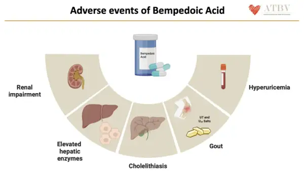 Effetti avversi dell'acido bempedoico: danno renale, epatico, calcoli biliari, gotta e iperuricemia.
