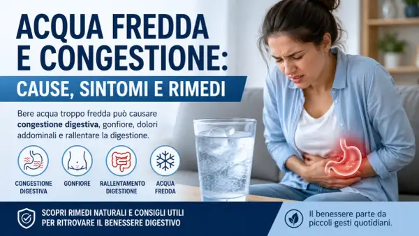 Donna con dolore addominale, possibile causa: congestione digestiva da acqua fredda. Immagine illustra cause, sintomi e rimedi.