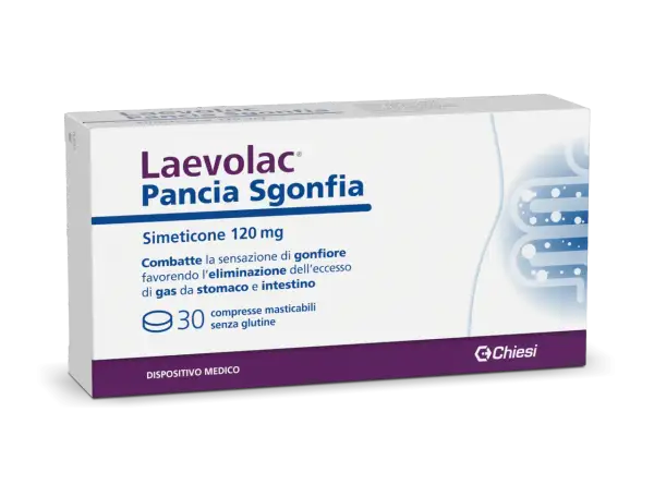 Laevolac Pancia Sgonfia, 30 compresse masticabili senza glutine. Utile per il mal di pancia e il gonfiore, con simeticone.