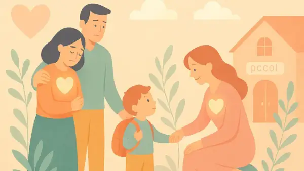 Un bambino con zaino, tra genitori preoccupati e una maestra sorridente. Un'immagine che evoca l'inserimento al nido e l'attaccamento alla mamma.
