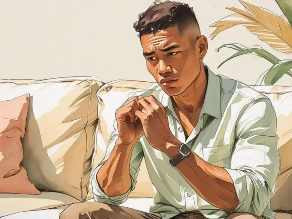 Uomo seduto sul divano, con le mani giunte, lo sguardo perso nel vuoto, un'espressione di profondo senso di colpa.