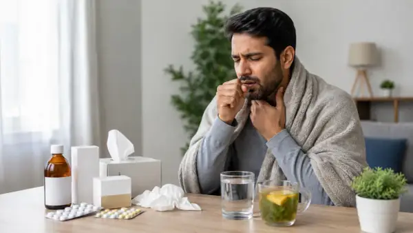 Uomo malato tossisce, coperto da una coperta, con sul tavolo farmaci, tra cui brufen e tachipirina insieme, tisana e fazzoletti.