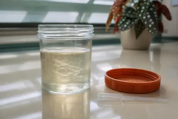 Contenitore con campione di urine che mostra filamenti biancastri, possibili tracce di muco nelle urine.