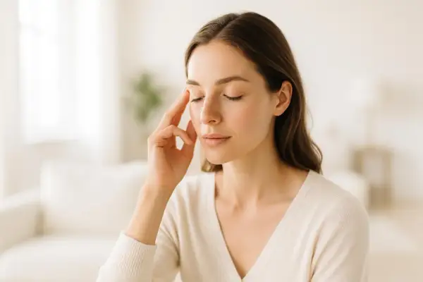 Donna con gli occhi chiusi e mano sulla tempia, sembra malata ma è solo stress.
